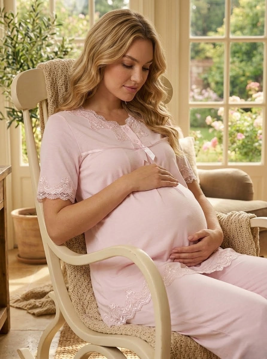 Yeni Sezon Pudra Dantel Detaylı Özel Tasarım Yazlık %100 Pamuk Hamile Lohusa Pijama Takımı 5032