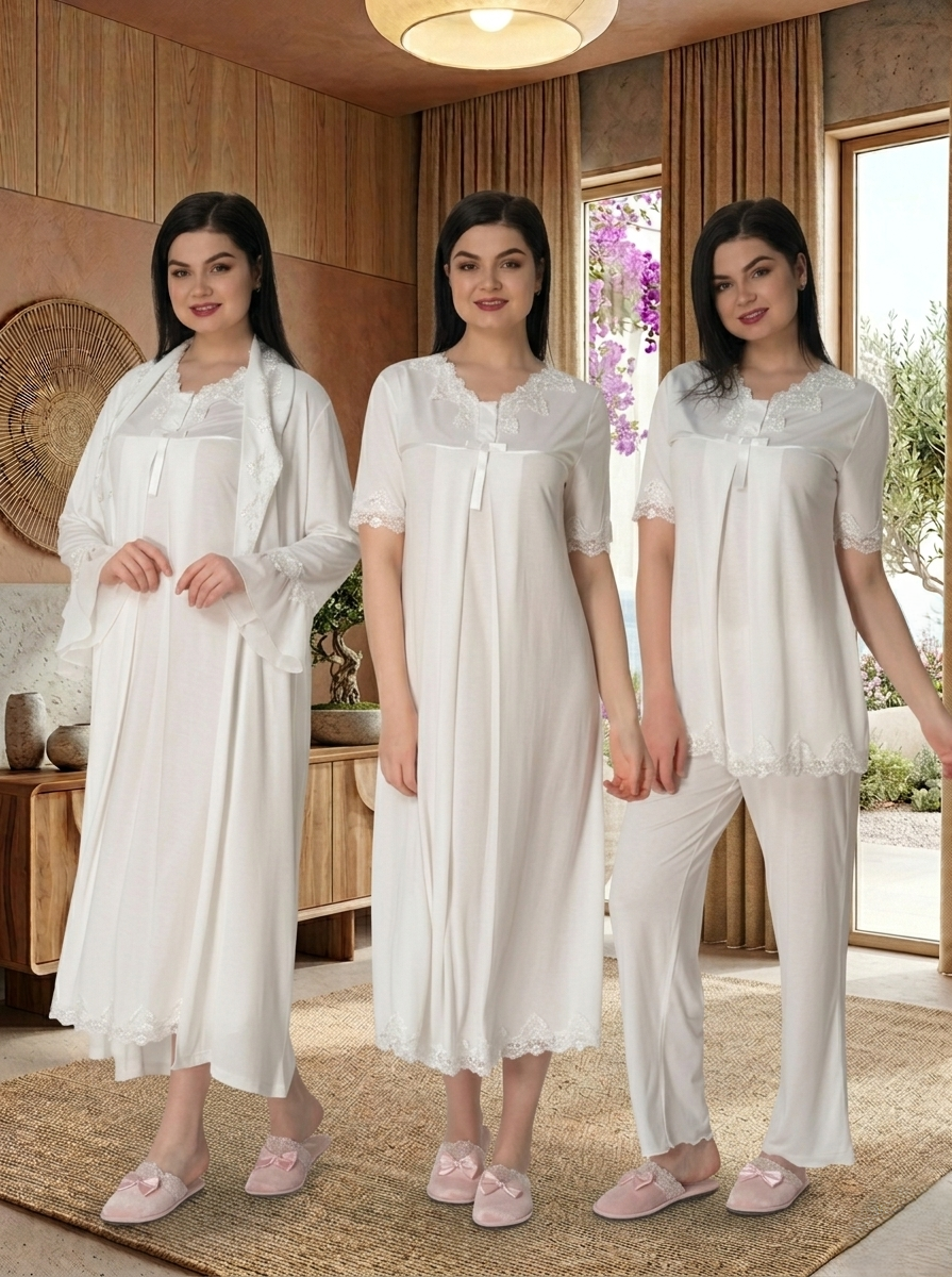 Yeni Sezon Kadın Ekru Yazlık Zarif Dantel Detaylı Kısa Kol Hamile Lohusa Sabahlık Gecelik Pijama Takımı 4'Lü Lohusa Seti 5036