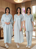 Yeni Sezon Kadın Mavi Yazlık Zarif Dantel Detaylı Kısa Kol Hamile Lohusa Sabahlık Gecelik Pijama Takımı 4'Lü Lohusa Seti 5036