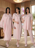 Yeni Sezon Kadın Pembe Yazlık Zarif Dantel Detaylı Kısa Kol Hamile Lohusa Sabahlık Gecelik Pijama Takımı 4'Lü Lohusa Seti 5036