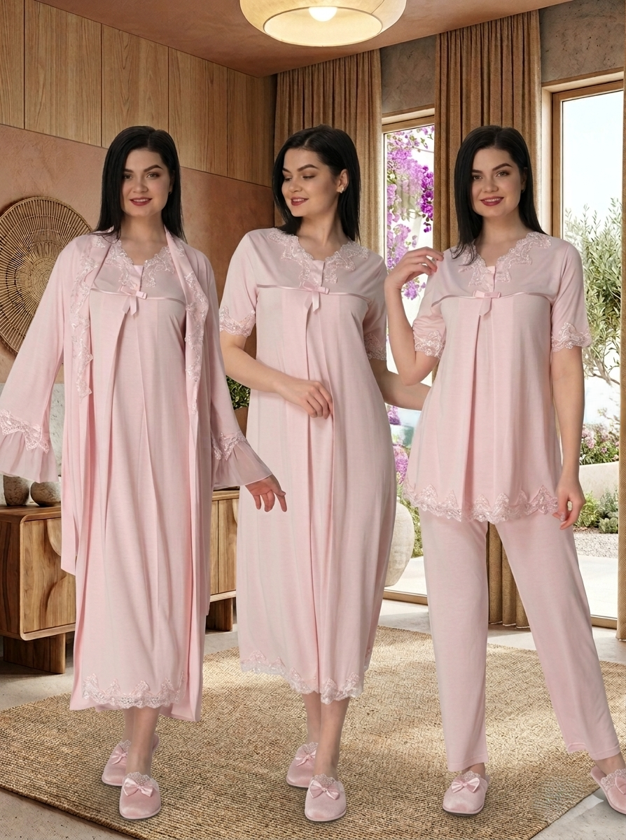 Yeni Sezon Kadın Pembe Yazlık Zarif Dantel Detaylı Kısa Kol Hamile Lohusa Sabahlık Gecelik Pijama Takımı 4'Lü Lohusa Seti 5036