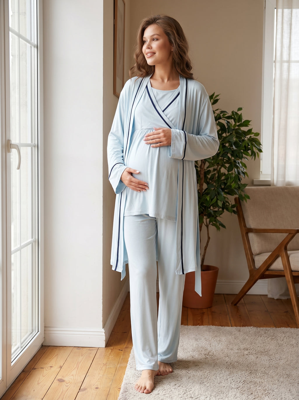 Mavi Biyeli Uzun Kollu Kruvaze Lohusa Sabahlıklı Pijama Takımı Seti - 547