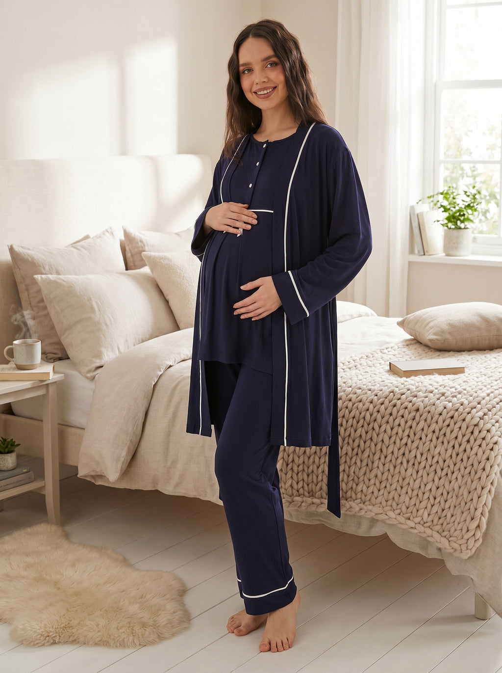 Yeni Sezon Lacivert Şerit Detaylı Yazlık Önden Düğmeli Lohusa Sabahlıklı Pijama Takımı Seti - 509