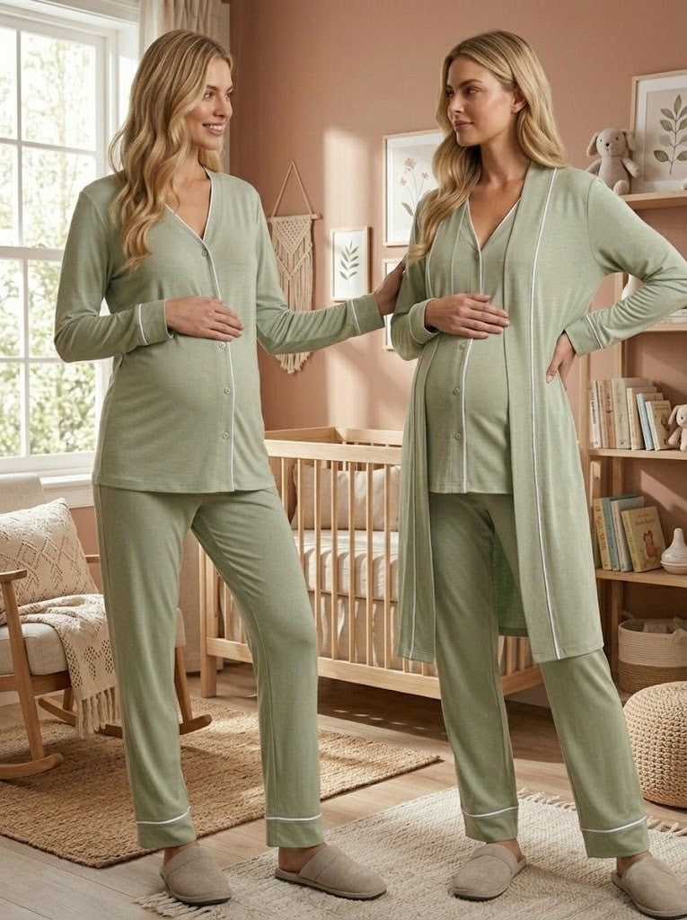 Yeni Sezon Yeşil Önden Düğmeli Özel Tasarım %100 Pamuk Hamile Lohusa Sabahlıklı Pijama Takımı Seti 15074