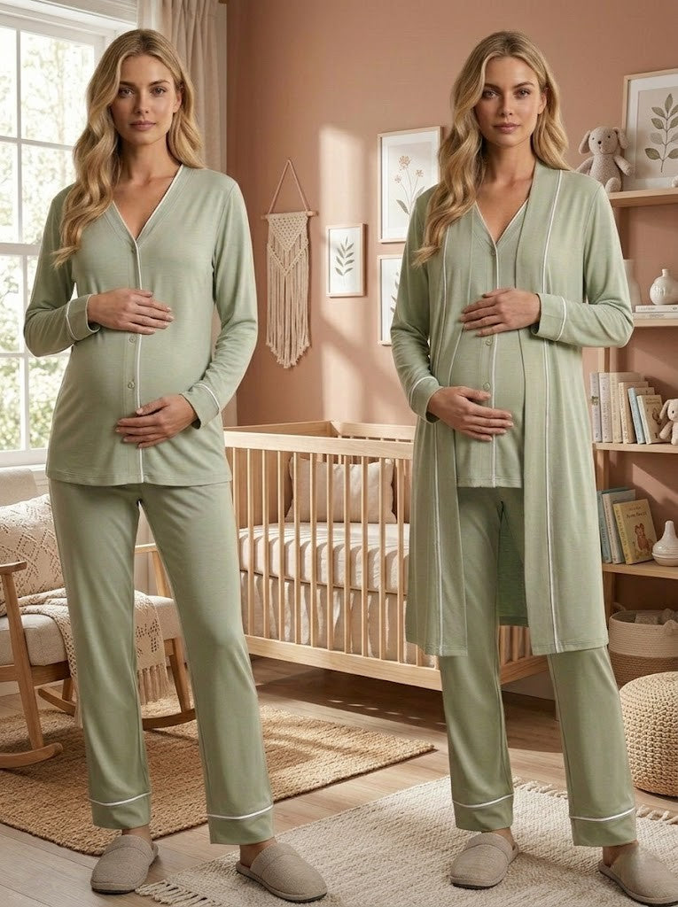 Yeni Sezon Yeşil Önden Düğmeli Özel Tasarım %100 Pamuk Hamile Lohusa Sabahlıklı Pijama Takımı Seti 15074