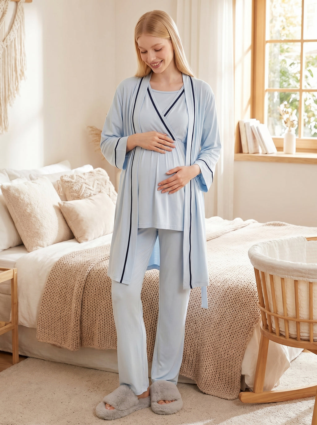 Yeni Sezon Mavi Şerit Geçişli Yazlık Kruvaze Lohusa Sabahlıklı Pijama Takımı Seti - 515