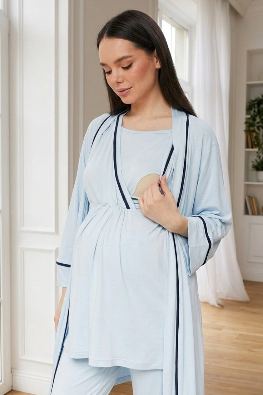 Yeni Sezon Mavi Kruvaze Yaka Kısa Kol Yazlık Özel Tasarım Hamile Lohusa Sabahlıklı Pijama Takımı Seti 515