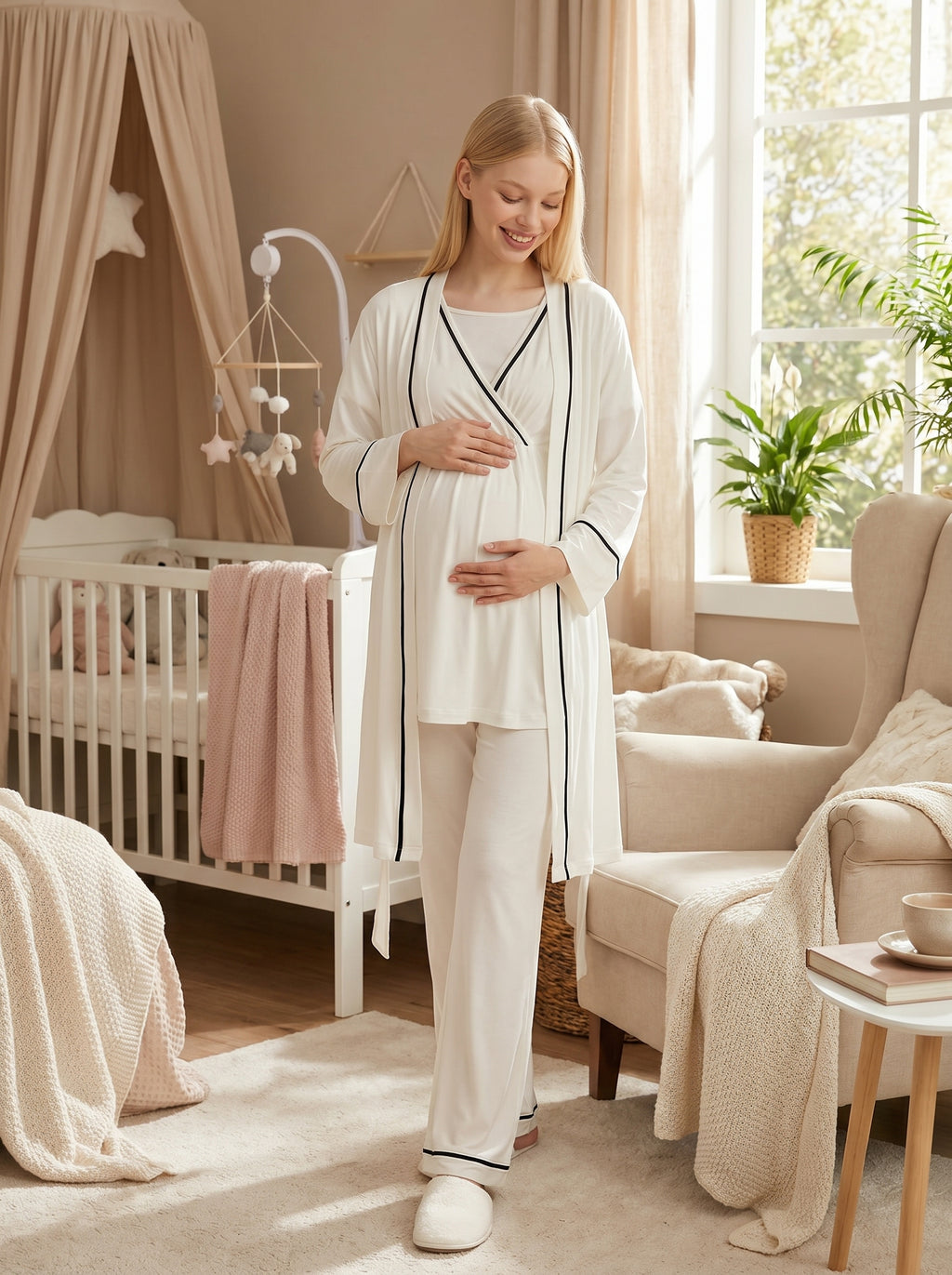 Yeni Sezon Ekru Şerit Geçişli Yazlık Kruvaze Lohusa Sabahlıklı Pijama Takımı Seti - 516