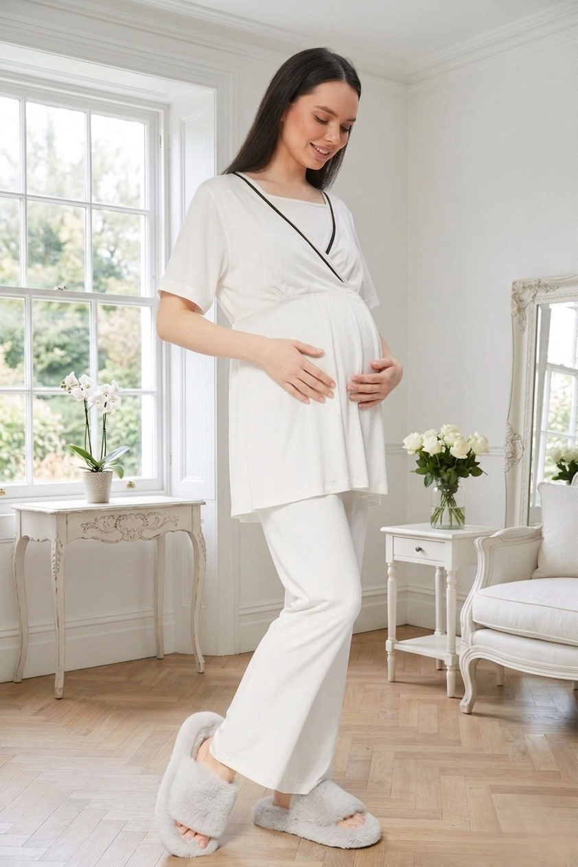 Yeni Sezon Ekru Kruvaze Yaka Kısa Kol Yazlık Özel Tasarım Hamile Lohusa Sabahlıklı Pijama Takımı Seti 515