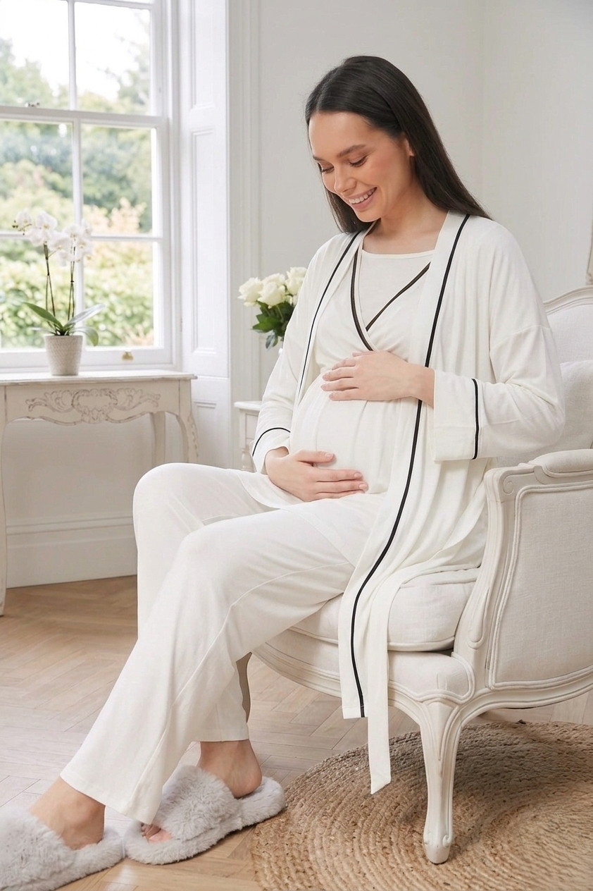 Yeni Sezon Ekru Kruvaze Yaka Kısa Kol Yazlık Özel Tasarım Hamile Lohusa Sabahlıklı Pijama Takımı Seti 515