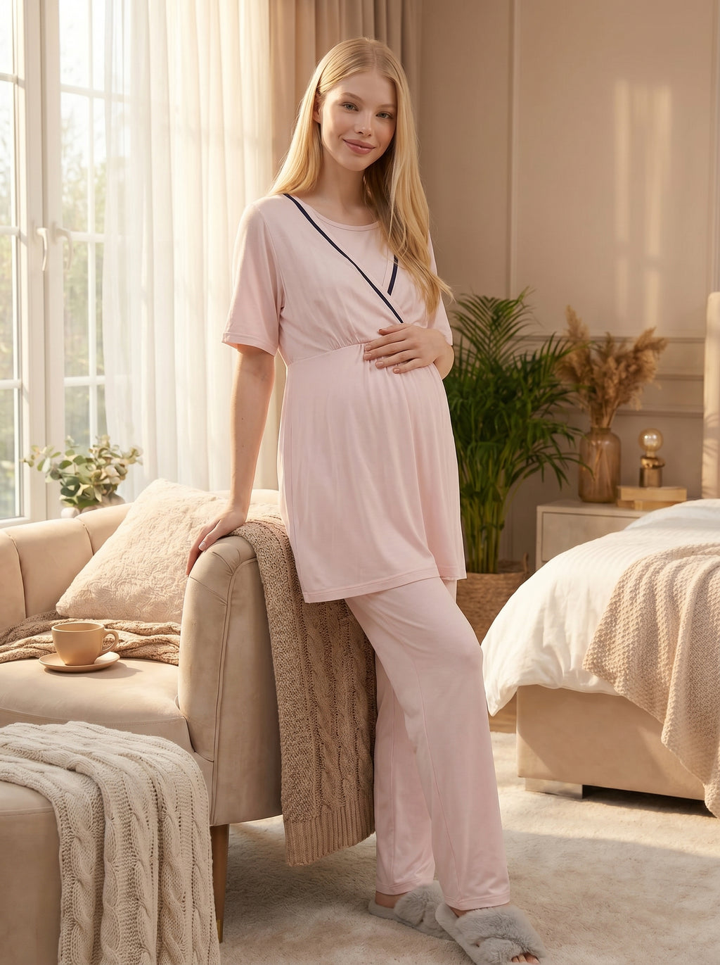 Yeni Sezon Pembe Şerit Geçişli Yazlık Kruvaze Lohusa Sabahlıklı Pijama Takımı Seti - 517