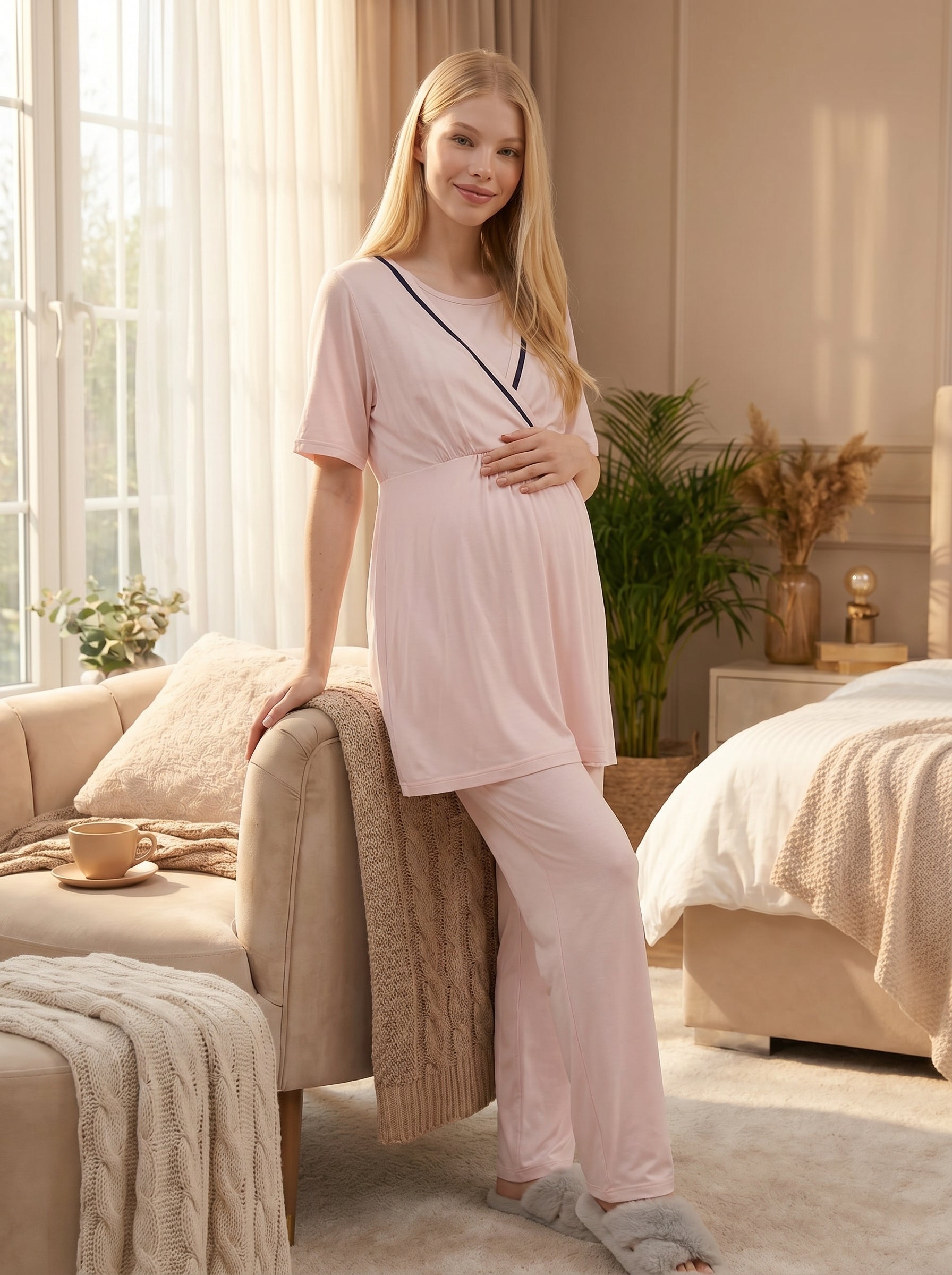 Yeni Sezon Pembe Şerit Geçişli Yazlık Kruvaze Lohusa Sabahlıklı Pijama Takımı Seti - 517