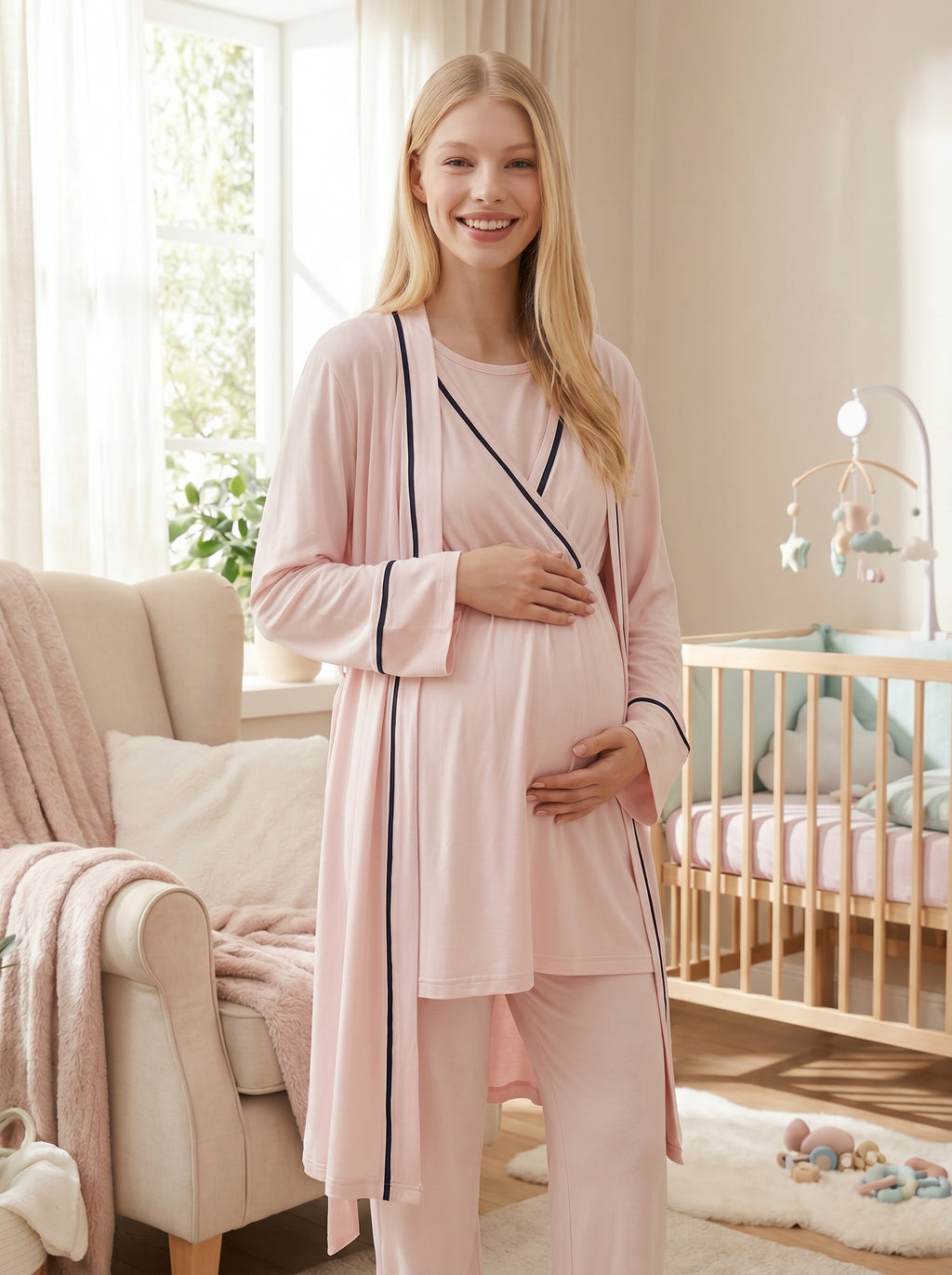 Yeni Sezon Pembe Şerit Geçişli Yazlık Kruvaze Lohusa Sabahlıklı Pijama Takımı Seti - 517