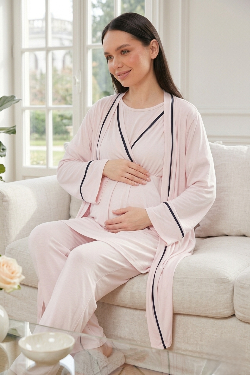 Yeni Sezon Pudra Kruvaze Yaka Kısa Kol Yazlık Özel Tasarım Hamile Lohusa Sabahlıklı Pijama Takımı Seti 515