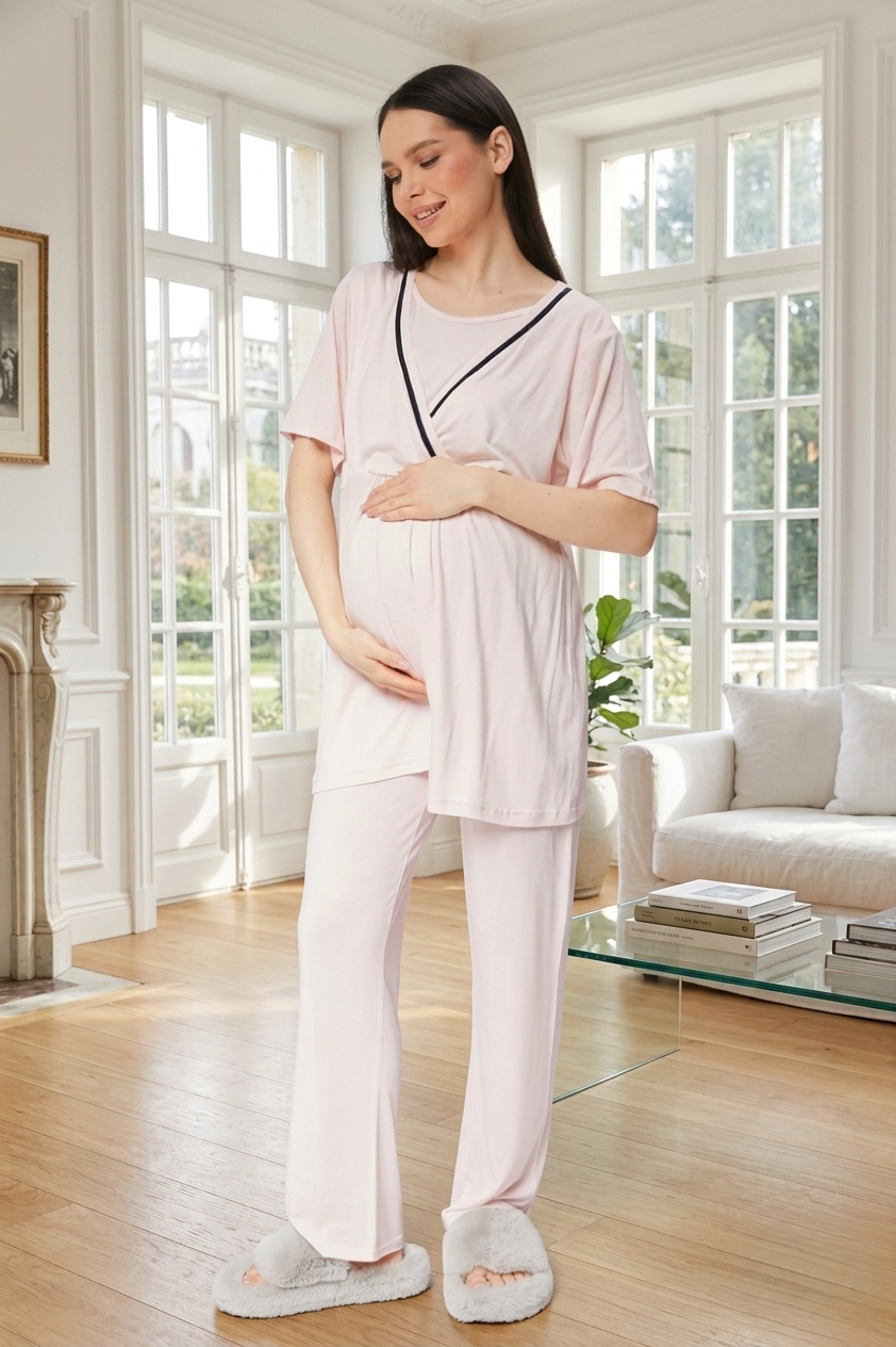 Yeni Sezon Pudra Kruvaze Yaka Kısa Kol Yazlık Özel Tasarım Hamile Lohusa Sabahlıklı Pijama Takımı Seti 515