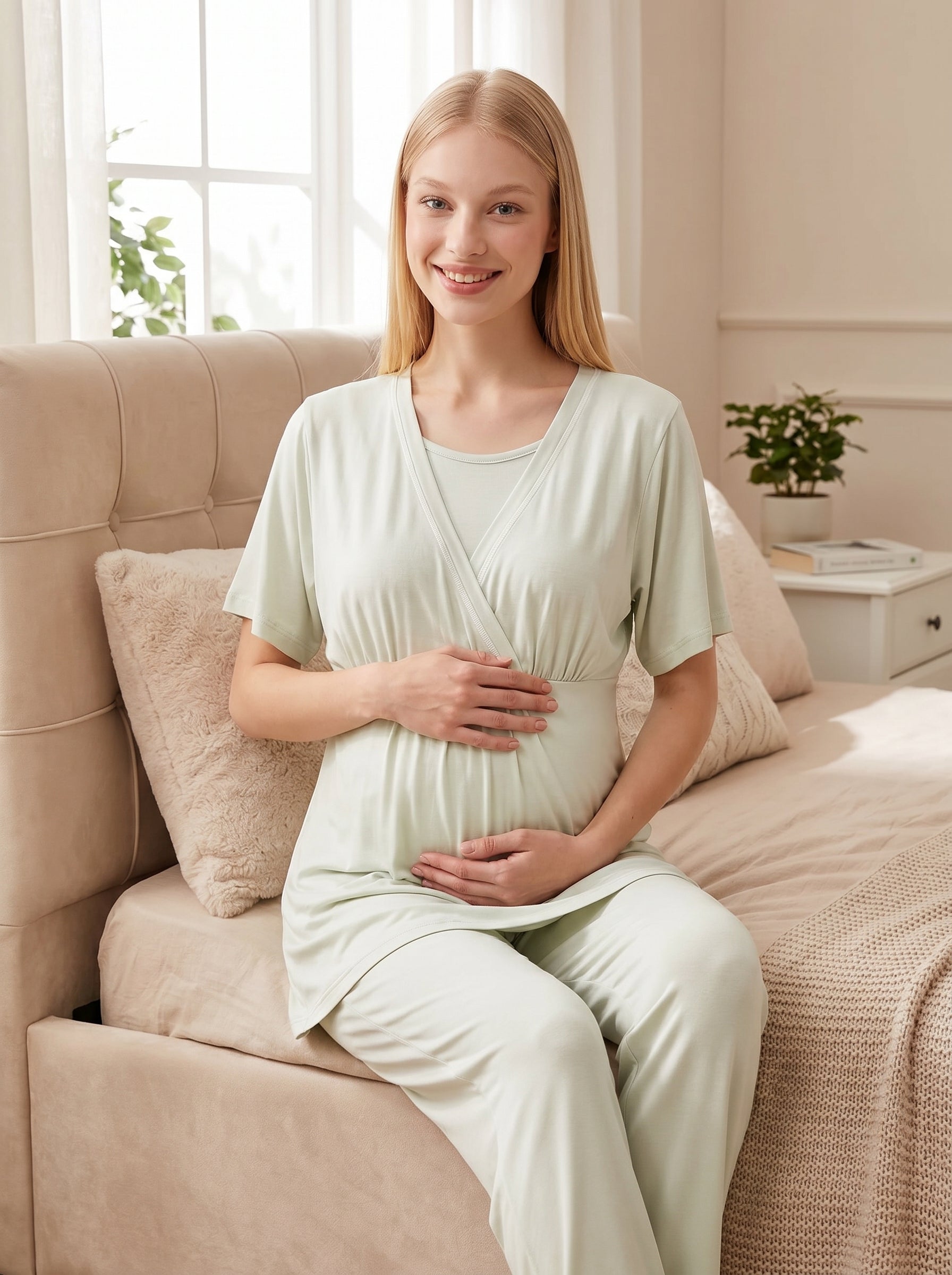 Yeni Sezon Mint Yazlık Kruvaze Şerit Detaylı Lohusa Sabahlıklı Pijama Takımı Seti - 529