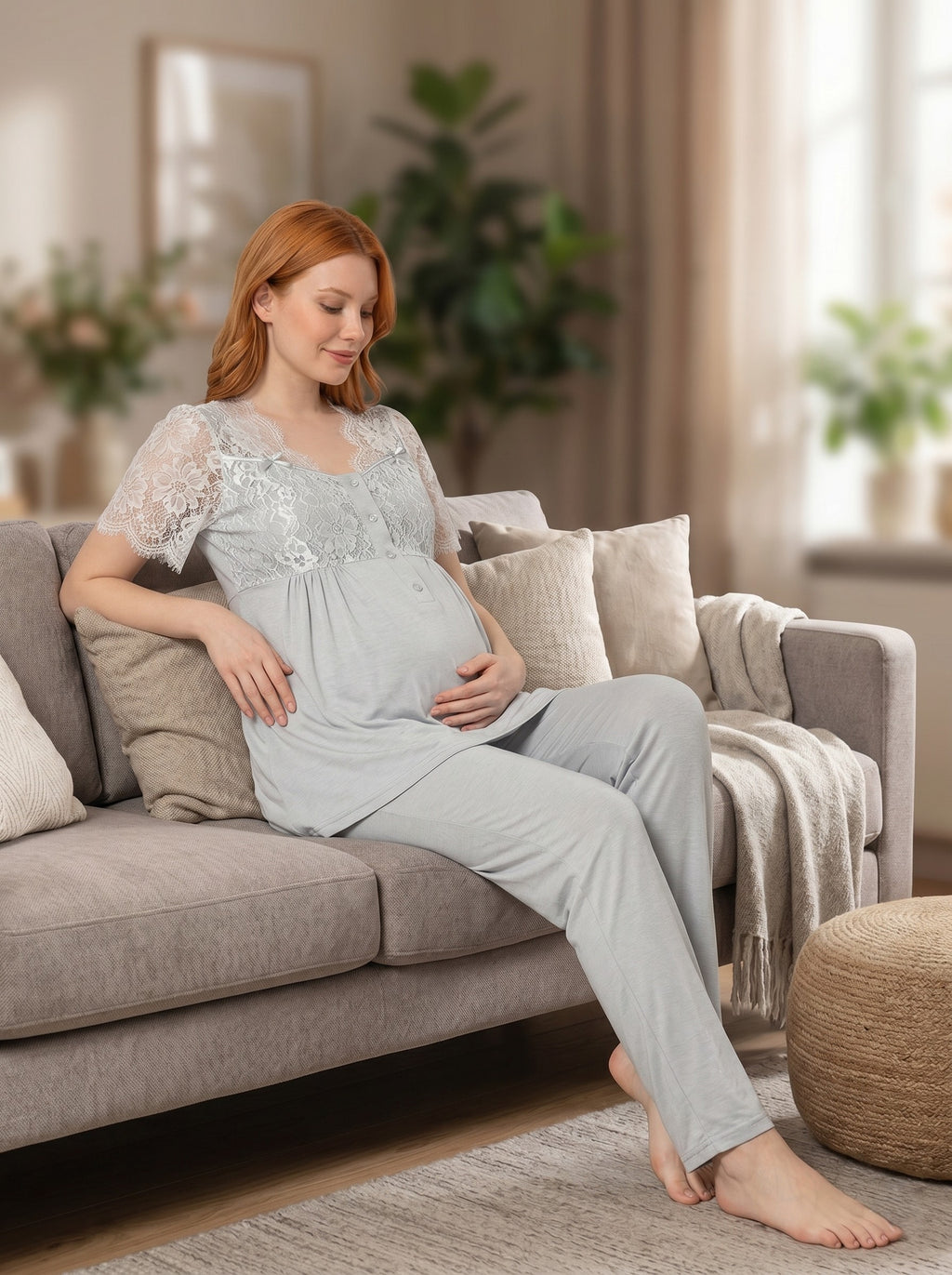 Yeni Sezon Gri Yazlık Şık Dantel Detaylı Tasarım Emzirme Kolaylığı Sağlayan Düğmeli Hamile Lohusa Pijama Takımı 5417
