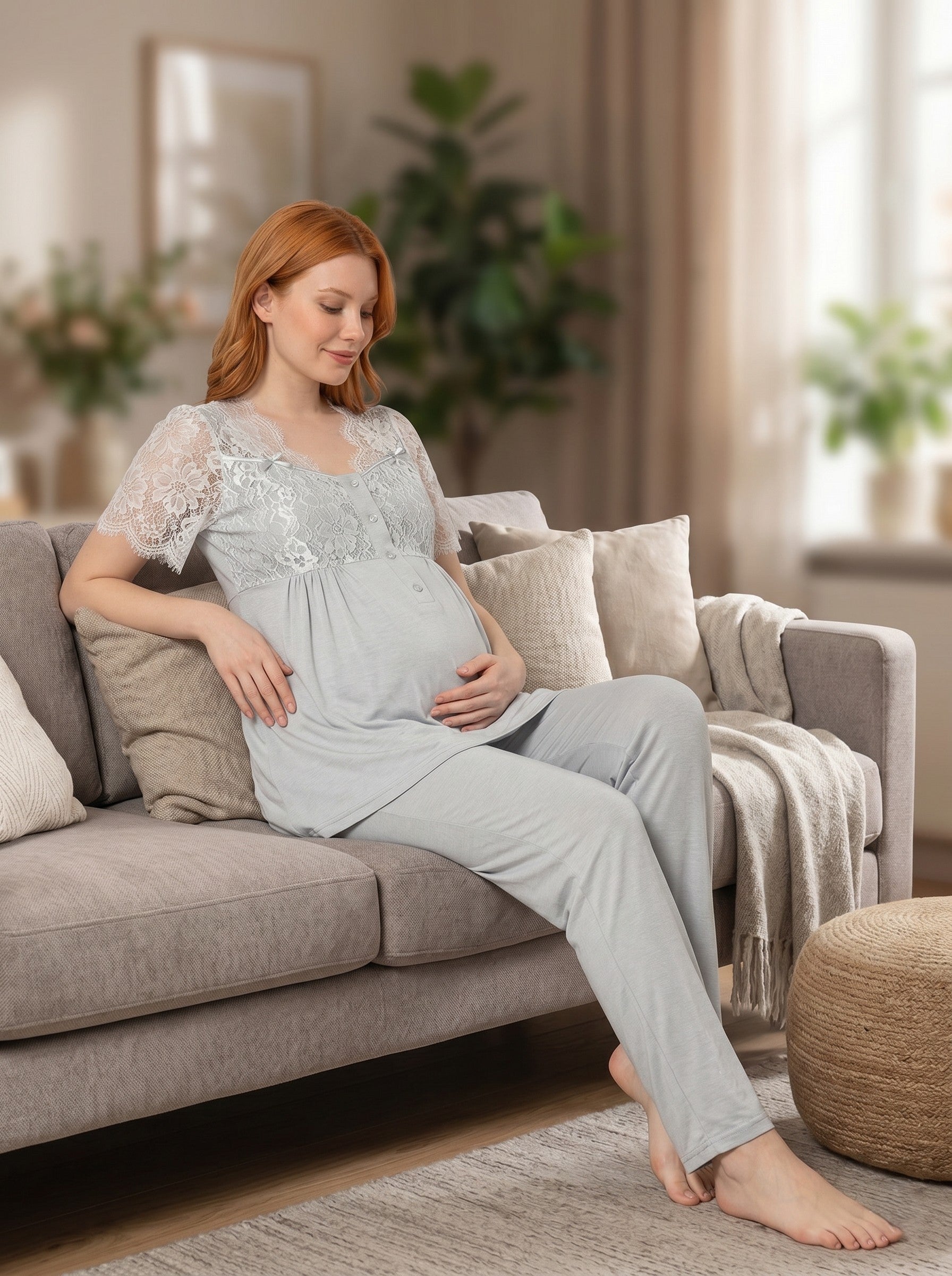 Yeni Sezon Gri Yazlık Şık Dantel Detaylı Tasarım Emzirme Kolaylığı Sağlayan Düğmeli Hamile Lohusa Pijama Takımı 5417