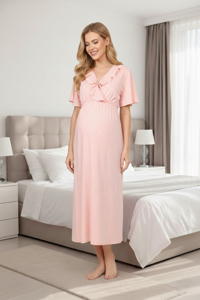 Yeni Sezon Pembe Melanj Volanlı Özel Tasarım Kısa Kol Tam Boy %100 Pamuk Hamile Sabahlıklı Gecelik Seti 590
