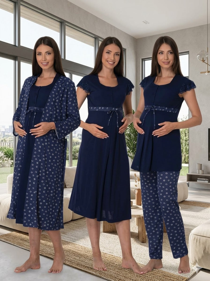 Yeni Sezon Lacivert Yazlık Tasarım Desenli Kısa Kol Düğmeli Hamile Lohusa Sabahlık Pijama Takımı Gecelik 4'Lü Lohusa Seti 6016