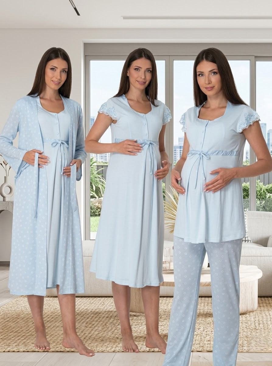 Yeni Sezon Mavi Yazlık Tasarım Desenli Kısa Kol Düğmeli Hamile Lohusa Sabahlık Pijama Takımı Gecelik 4'Lü Lohusa Seti 6016