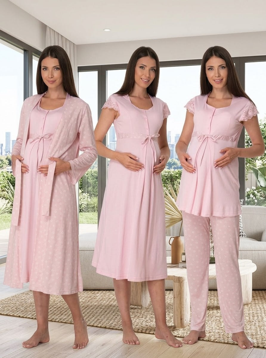 Yeni Sezon Pembe Yazlık Tasarım Desenli Kısa Kol Düğmeli Hamile Lohusa Sabahlık Pijama Takımı Gecelik 4'Lü Lohusa Seti 6016