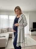 Yeni Sezon Lacivert Şal Yaka Çizgili Keten Sabahlıklı Yazlık Tasarım Düğmeli Kısa Kol Hamile Lohusa Sabahlıklı Pijama Takımı Seti 6207