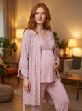 Yeni Sezon Gül Kurusu Dokuma Yazlık Özel Tasarım Hamile Lohusa Sabahlıklı Pijama Takımı Seti 6209