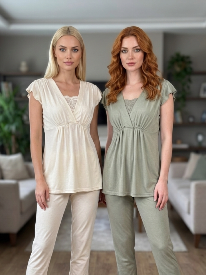 Yeni Sezon Ekru Dokuma Yazlık Özel Tasarım Hamile Lohusa Sabahlıklı Pijama Takımı Seti 6209