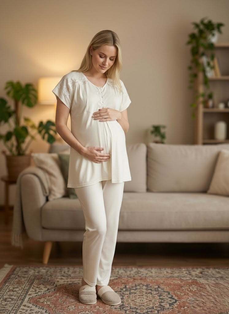 Yeni Sezon Ekru Dantel Detaylı Yazlık Düğmeli Kısa Kol Hamile Lohusa Pijama Takımı 6222