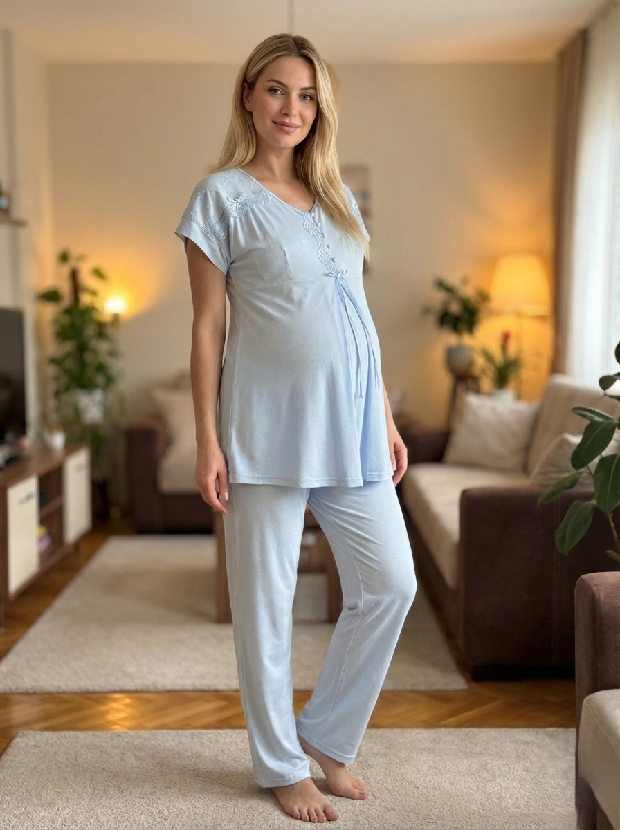 Yeni Sezon Mavi Dantel Detaylı Yazlık Düğmeli Kısa Kol Hamile Lohusa Pijama Takımı 6222
