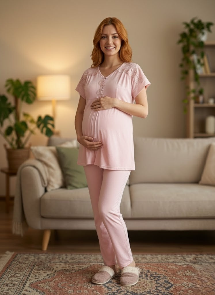 Yeni Sezon Pudra Dantel Detaylı Yazlık Düğmeli Kısa Kol Hamile Lohusa Pijama Takımı 6222