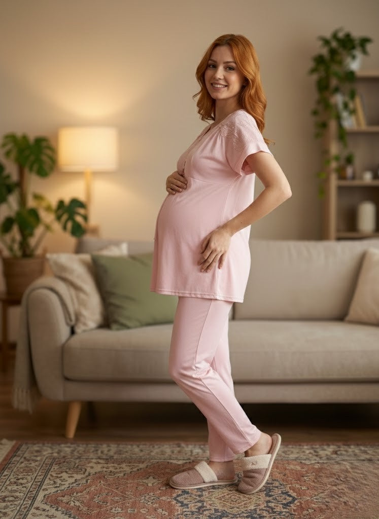 Yeni Sezon Pudra Dantel Detaylı Yazlık Düğmeli Kısa Kol Hamile Lohusa Pijama Takımı 6222