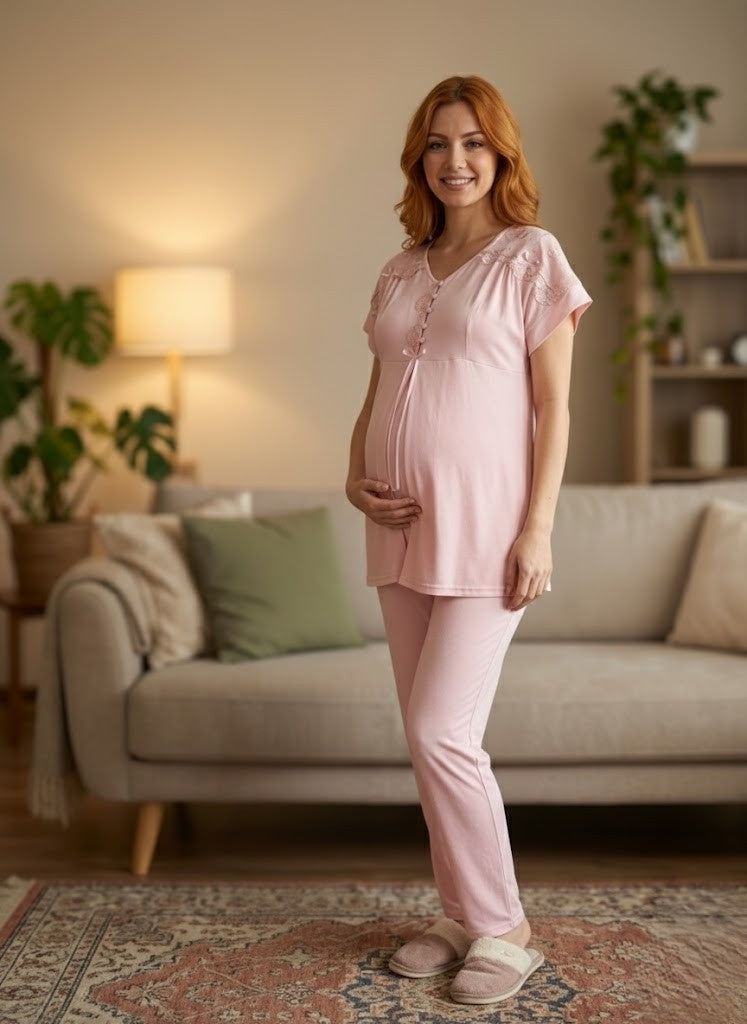 Yeni Sezon Pudra Dantel Detaylı Yazlık Düğmeli Kısa Kol Hamile Lohusa Pijama Takımı 6222