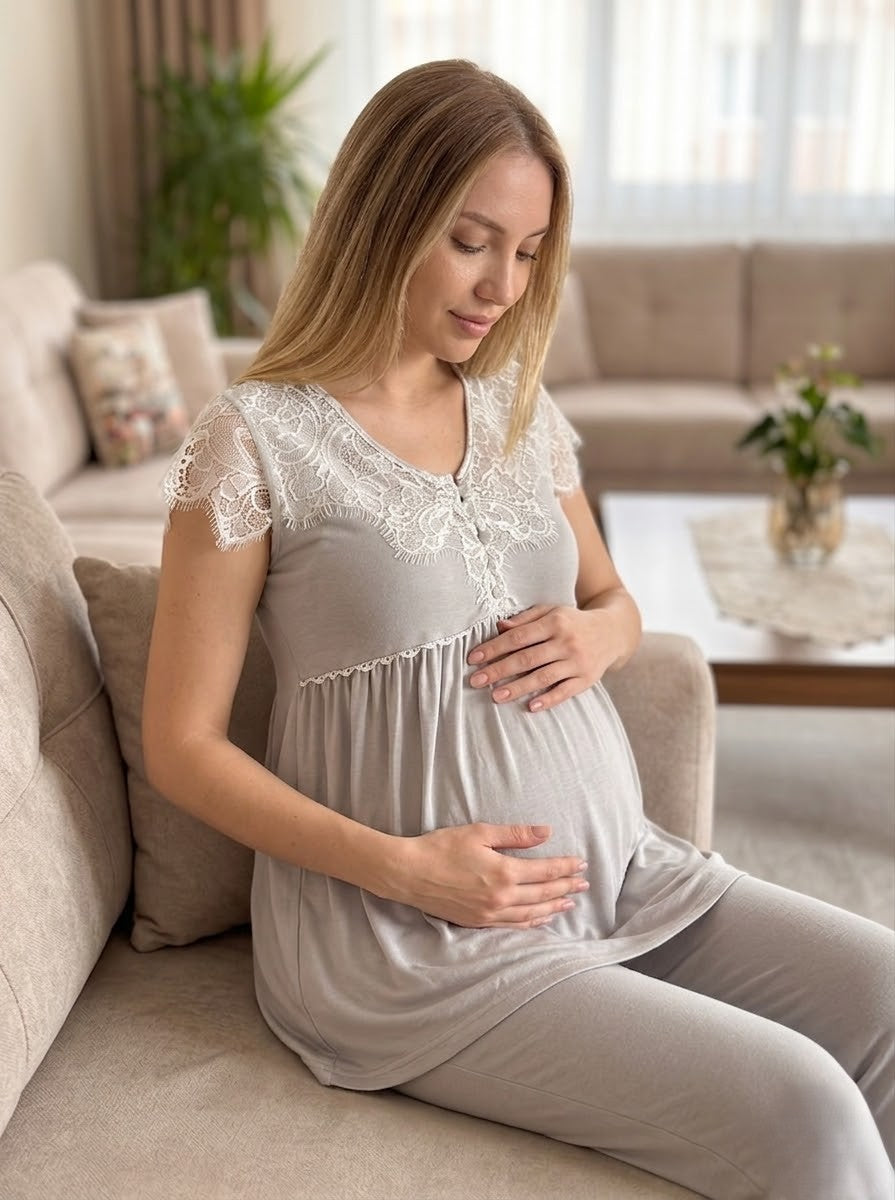 Yeni Sezon Gri Özel Dantel Detaylı Tasarım Kısa Kol Yazlık Hamile Lohusa Pijama Takımı 6228