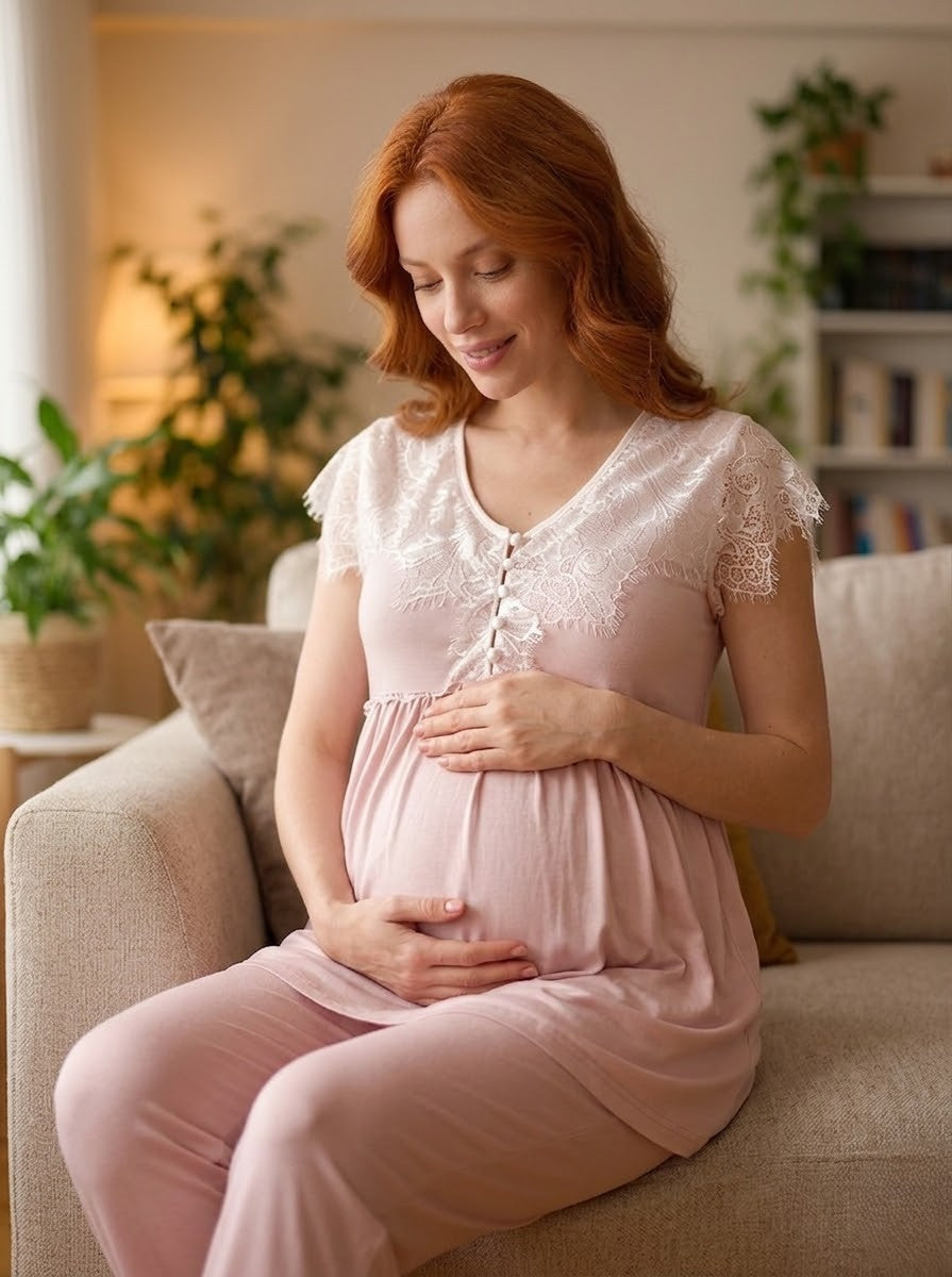 Yeni Sezon Pudra Özel Dantel Detaylı Tasarım Kısa Kol Yazlık Hamile Lohusa Pijama Takımı 6228