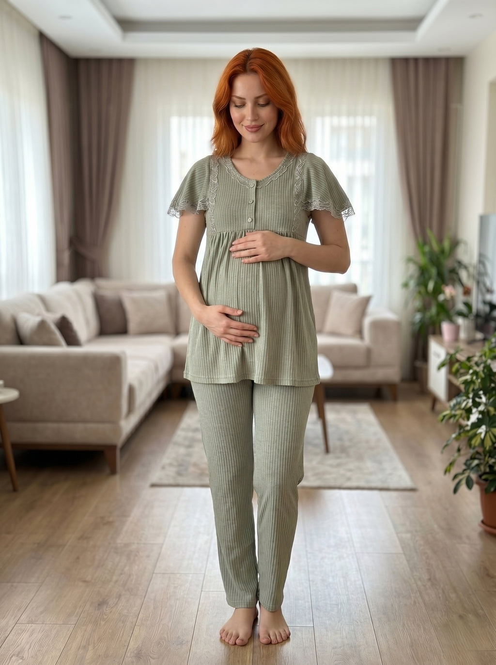 Yeni Sezon Yeşil Yazlık Şık Dantel İşlemeli Tasarım Düğme Detaylı Kısa Kollu Hamile Lohusa Pijama Takımı 6230