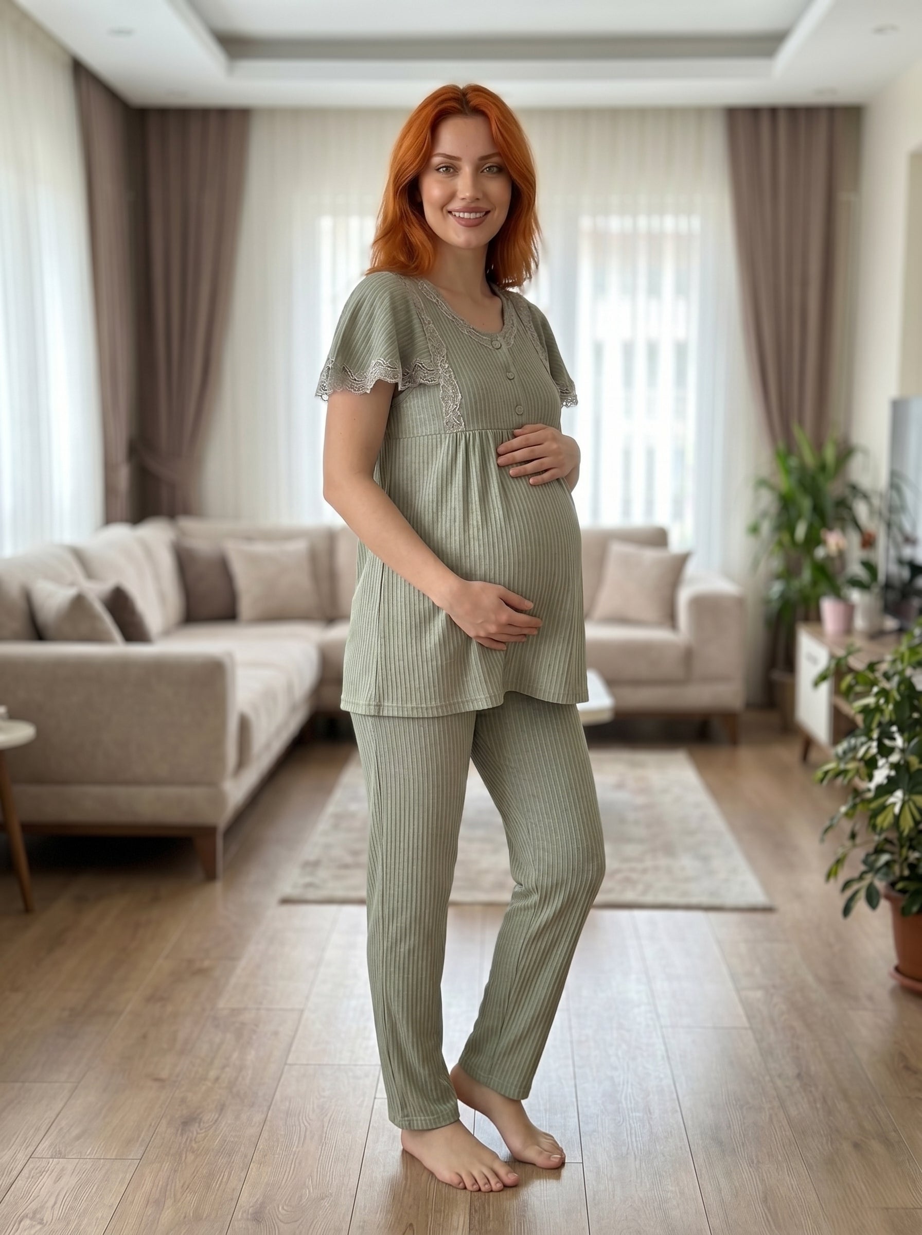 Yeni Sezon Yeşil Yazlık Şık Dantel İşlemeli Tasarım Düğme Detaylı Kısa Kollu Hamile Lohusa Pijama Takımı 6230