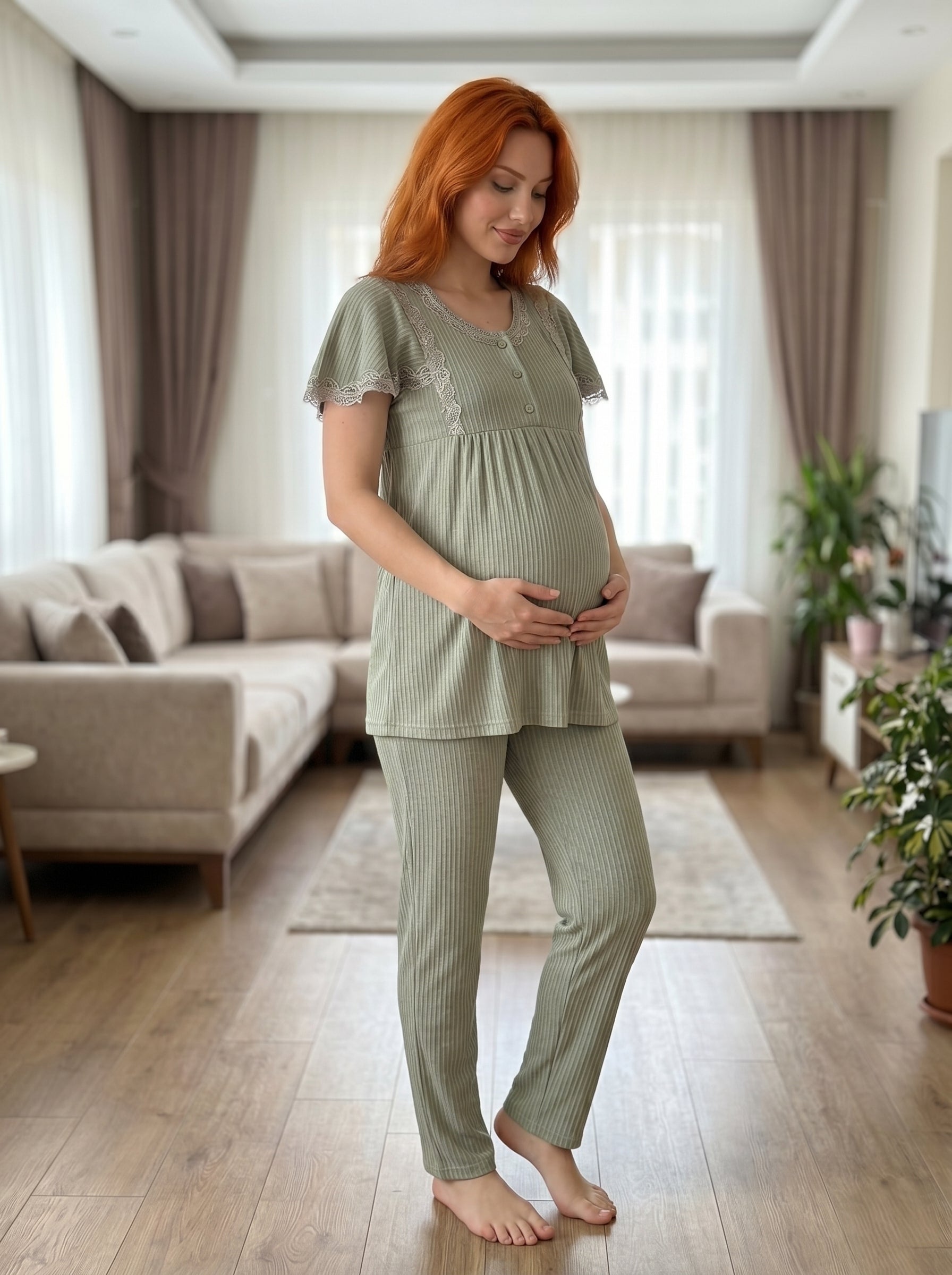Yeni Sezon Yeşil Yazlık Şık Dantel İşlemeli Tasarım Düğme Detaylı Kısa Kollu Hamile Lohusa Pijama Takımı 6230