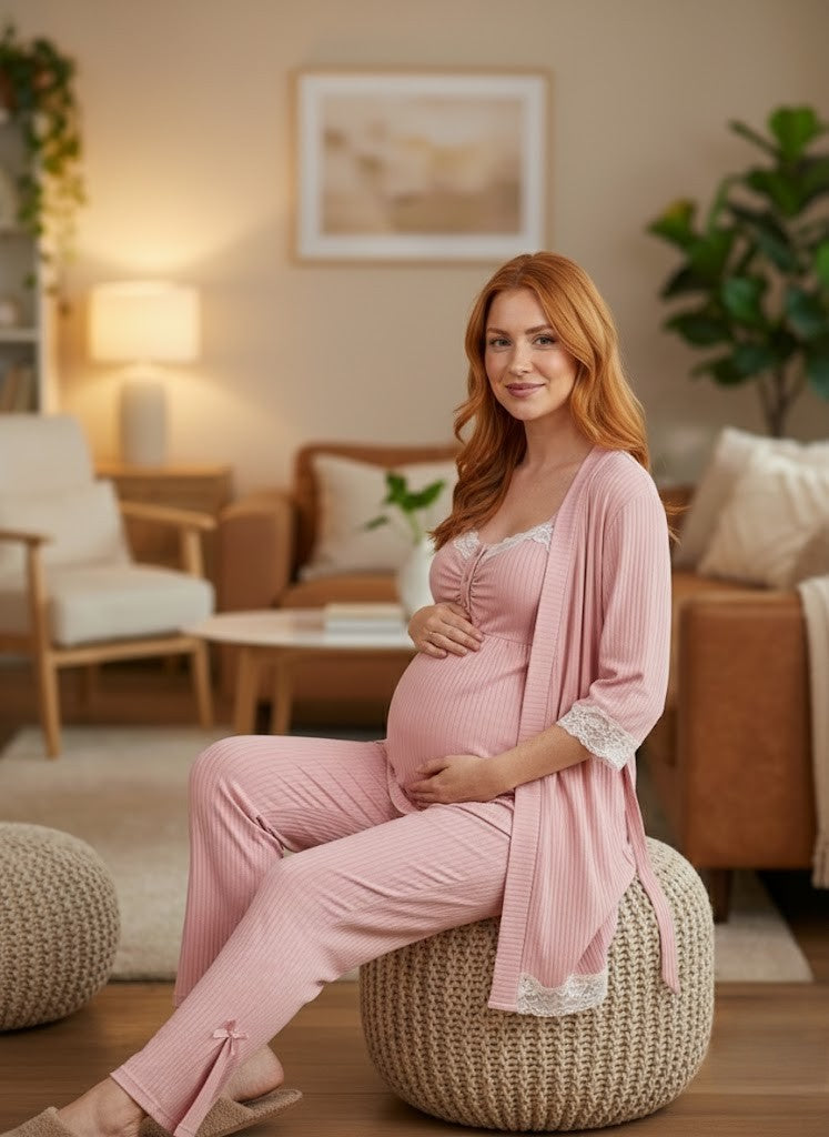 Yeni Sezon Pembe Dantel Detaylı Askılı Yazlık Özel Tasarım Hamile Sabahlık Pijama Takımı Şortlu Takım 4'Lü Lohusa Seti 6232