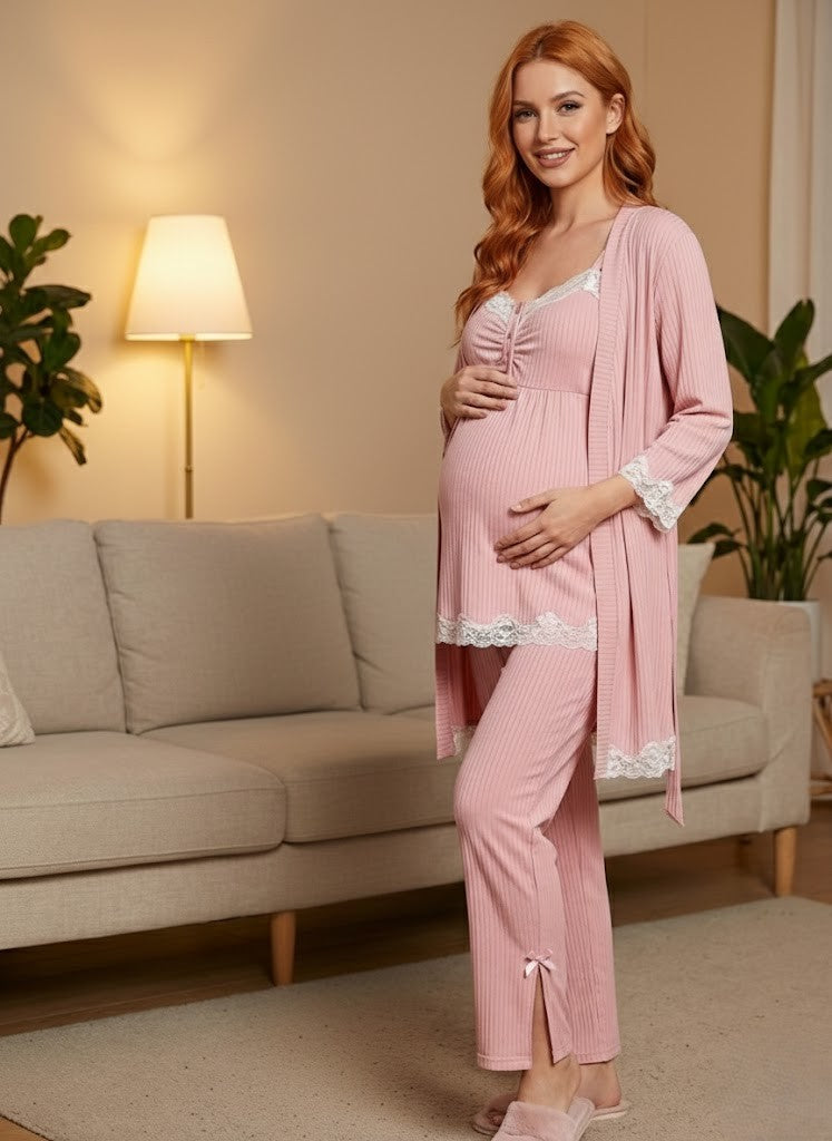 Yeni Sezon Pembe Dantel Detaylı Askılı Yazlık Özel Tasarım Hamile Sabahlık Pijama Takımı Şortlu Takım 4'Lü Lohusa Seti 6232
