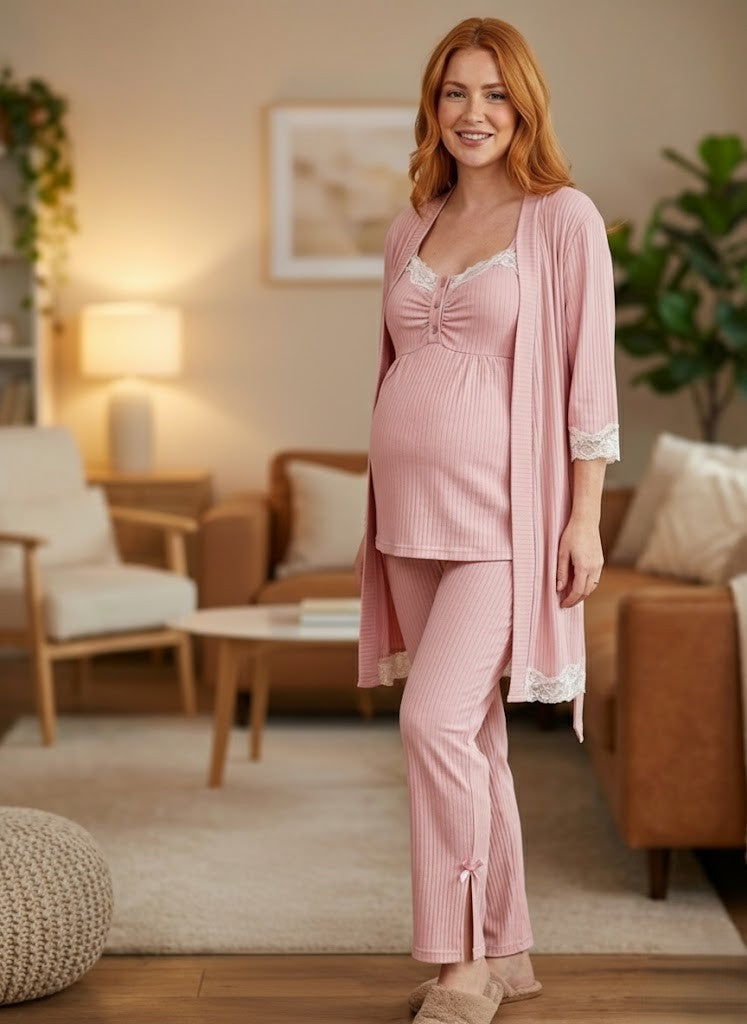 Yeni Sezon Pembe Dantel Detaylı Askılı Yazlık Özel Tasarım Hamile Sabahlık Pijama Takımı Şortlu Takım 4'Lü Lohusa Seti 6232