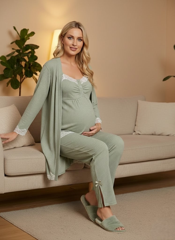 Yeni Sezon Yeşil Dantel Detaylı Askılı Yazlık Özel Tasarım Hamile Sabahlık Pijama Takımı Şortlu Takım 4'Lü Lohusa Seti 6232
