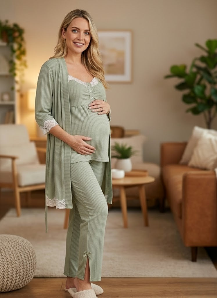 Yeni Sezon Yeşil Dantel Detaylı Askılı Yazlık Özel Tasarım Hamile Sabahlık Pijama Takımı Şortlu Takım 4'Lü Lohusa Seti 6232