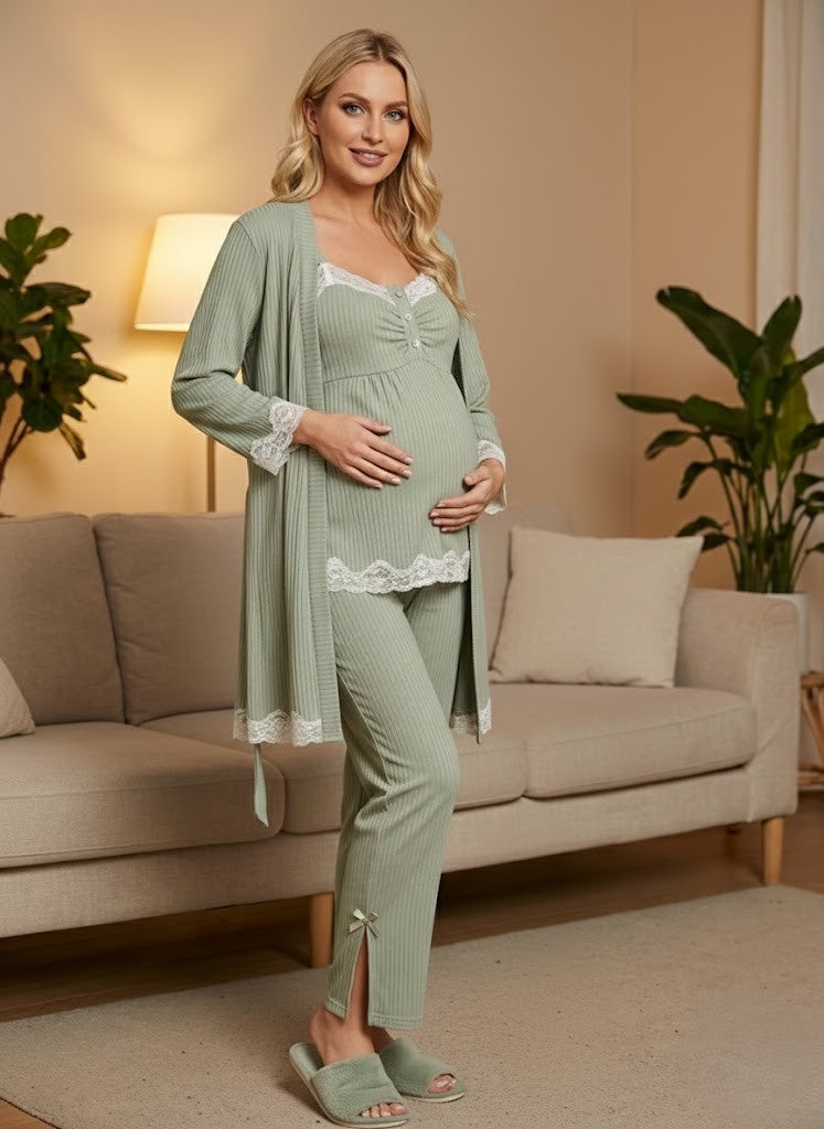 Yeni Sezon Yeşil Dantel Detaylı Askılı Yazlık Özel Tasarım Hamile Sabahlık Pijama Takımı Şortlu Takım 4'Lü Lohusa Seti 6232