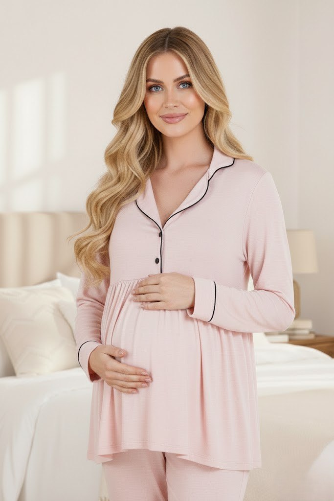 Yeni Sezon Pembe Uzun Sabahlıklı Düğmeli Özel Tasarım Hamile Lohusa Sabahlıklı Pijama Takımı Seti 33001