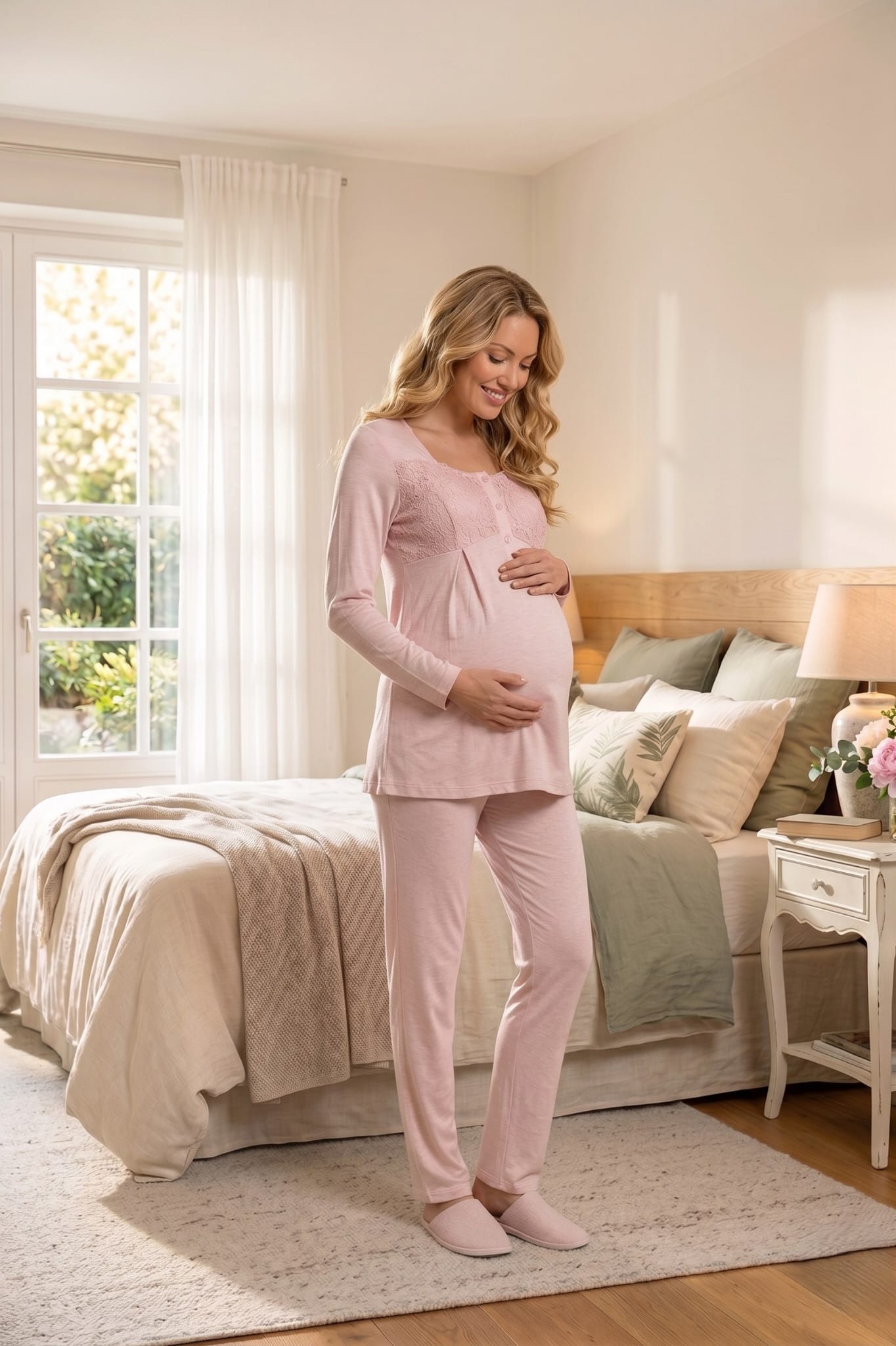 Yeni Sezon Pudra Panço Dantel Sabahlıklı Yazlık Özel Tasarım Lohusa Hamile Sabahlıklı Pijama Takımı Seti 6402