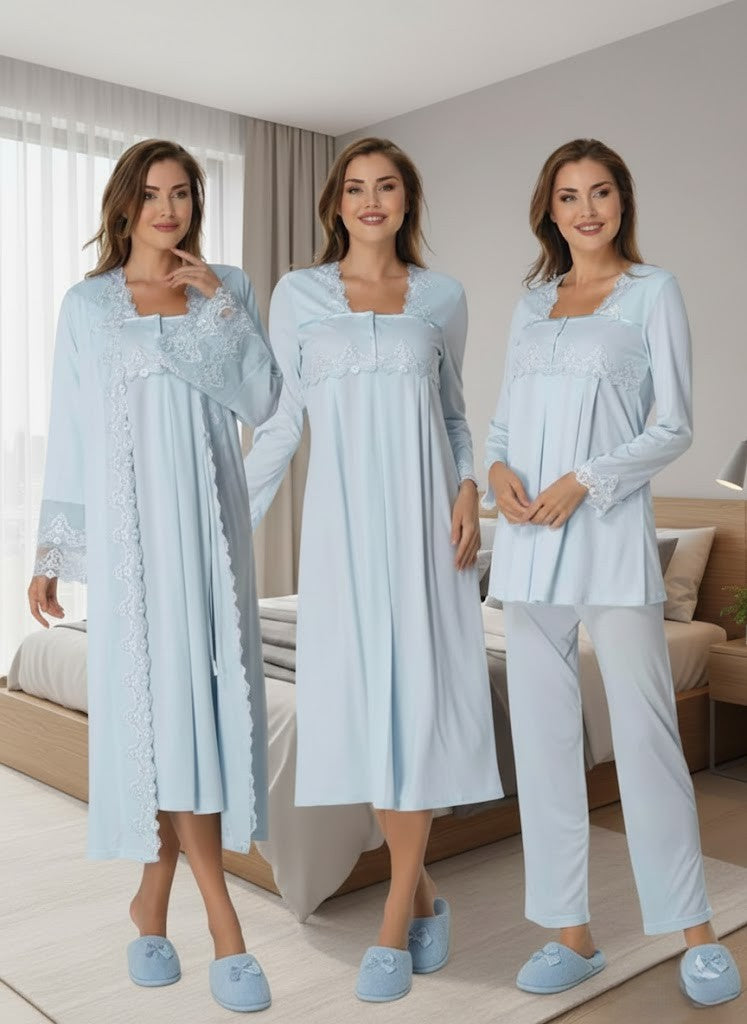 Yeni Sezon Mavi Uzun Kollu Zarif Tasarım Dantelli Pamuk Hamile Lohusa Sabahlık Gecelik Pijama Takımı Gecelik 4'Lü Lohusa Seti 7016