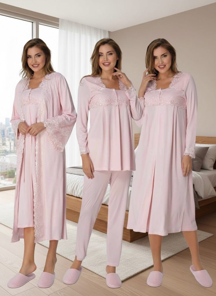 Yeni Sezon Pembe Uzun Kollu Zarif Tasarım Dantelli Pamuk Hamile Lohusa Sabahlık Gecelik Pijama Takımı Gecelik 4'Lü Lohusa Seti 7016