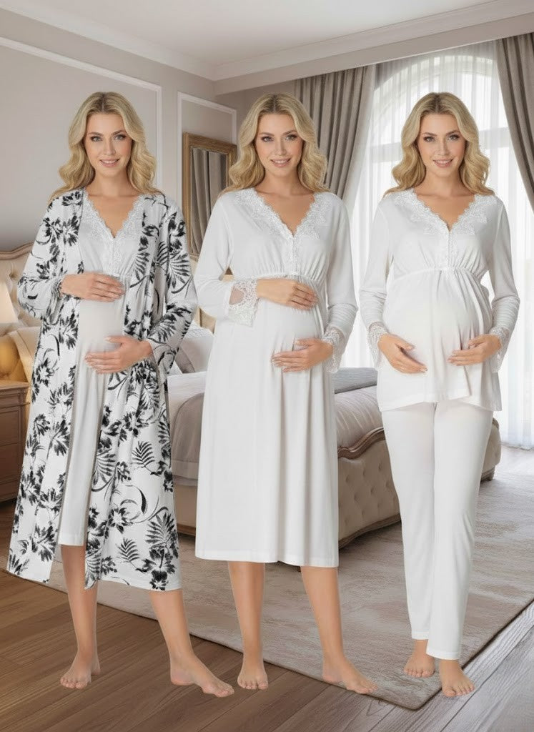 Kadın Ekru Desenli Düğmeli Tasarım Uzun Kol Lohusa Hamile Sabahlık Gecelik Pijama Takımı 4'Lü Lohusa Seti 8096